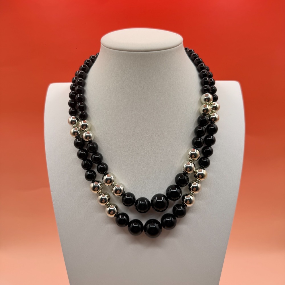 Black Silver Tone Beaded Triple Strand Necklace Vintage Chunky Statement Glam